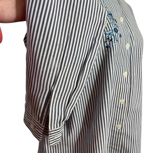 Napa Valley Striped Flower Embroidered Button Up Shirt Denim Collar Petite Large - Picture 6 of 10